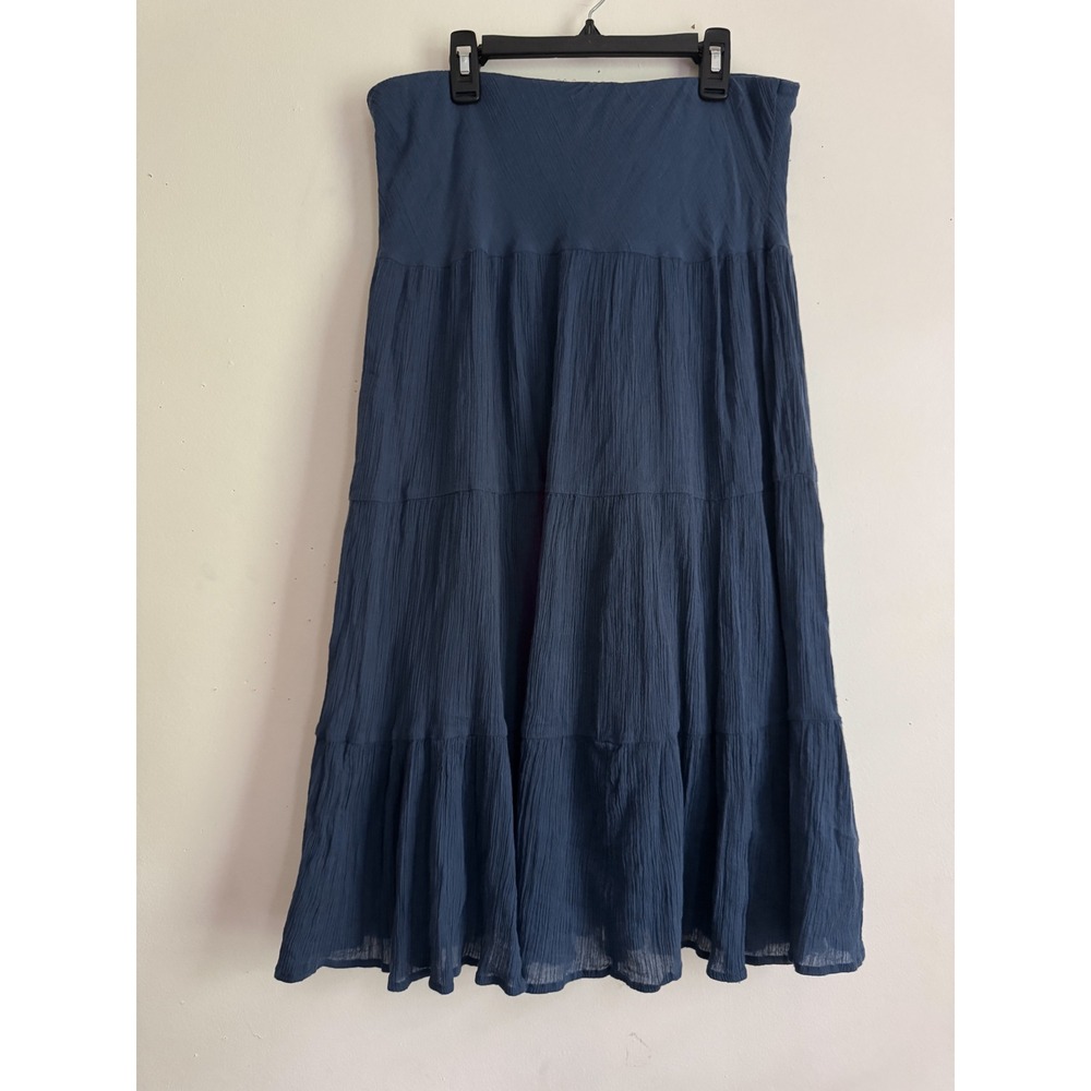 Chaps Petite Blue Cotton Crinkle Gauze Tiered Midi Skirt Granola Boho PM